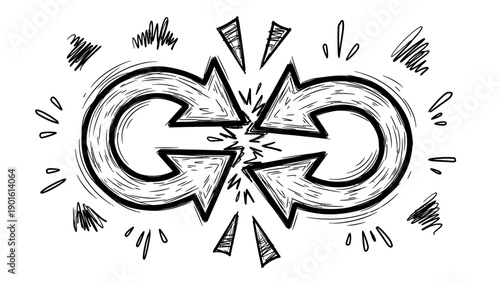 Two opposing arrows in a circular motion clashing in the center.