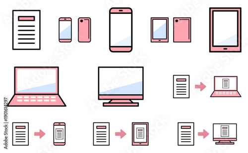 業務DXやデータ管理の説明に使えるデジタル端末と書類のアイコンセット