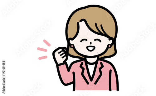 DX導入の成果を喜ぶガッツポーズの女性事務員。業務効率化と成功を象徴するビジネスイラスト。