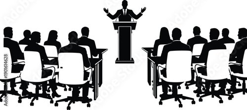Business conference presentation with speaker at podium addressing audience corporate meeting seminar training workshop silhouette vector illustration isolated