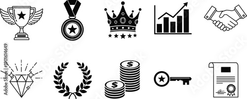 Business success and achievement icons set with trophy medal crown graph handshake money key certificate vector illustration collection