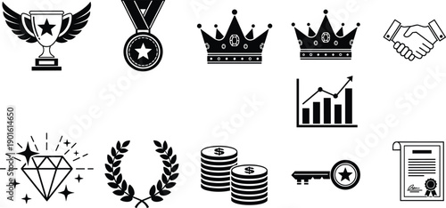 Business success achievement and premium award icons set with trophy medal crown handshake graph money key certificate vector