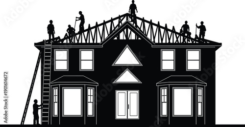 Construction crew installing roof frame on residential house teamwork carpenters builders contractor home renovation silhouette vector illustration