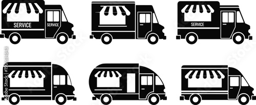 Food truck service vehicle silhouettes set mobile shop street vendor catering van delivery business black vector illustration collection