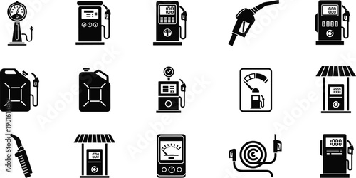 Fuel station and gas pump icons set with nozzle dispenser meter jerrycan charging equipment petrol service vector illustration