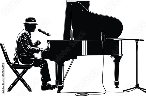 Elegant jazz pianist singer performing live at grand piano with microphone silhouette vector illustration isolated on white background