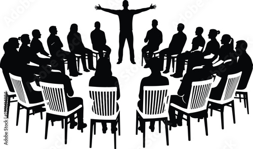 Group discussion circle with facilitator leading people in meeting teamwork therapy workshop training session silhouette vector illustration isolated