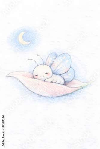 Sweet hand drawn butterfly resting on pink petal under blue night sky with moon sketch