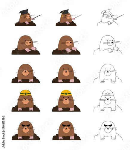 モグラのキャラクターの表情や職業別バリエーションイラストと線画のベクターセット | 工事・教育・害獣・自然のイメージ素材