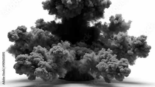 Dramatic Blow: Dense Cloud of Smoke and Fire Rising After Powerful Explosion on White Background