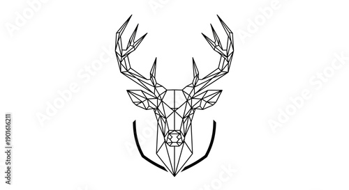 Geometric illustration of a deer's head with antlers, showcasing intricate design and detailed artwork in a minimalist style