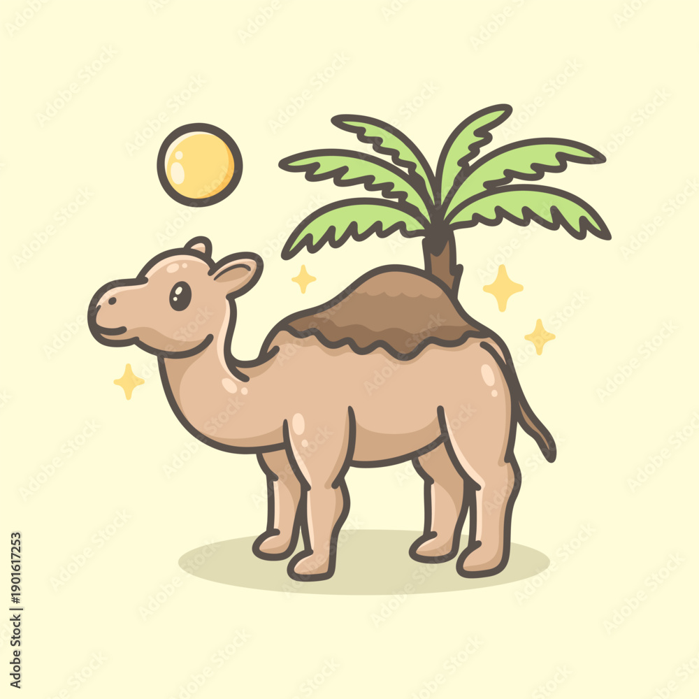 Obraz premium Cute Camel Illustration in Desert Illustration for Icon, sticker and other uses, hand drawn vector
