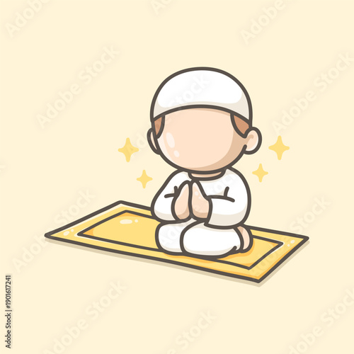 Boy Praying on Prayer Mat Illustration for Icon, sticker and other uses, hand drawn vector