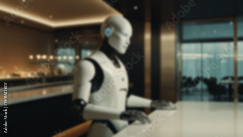 Wallpaper Mural Blurred background of futuristic AI waiter robot with a sleek aerodynamic design, layered materials, and subtle edge wear, working inside an ultra-modern luxury restaurant during the evening. Torontodigital.ca