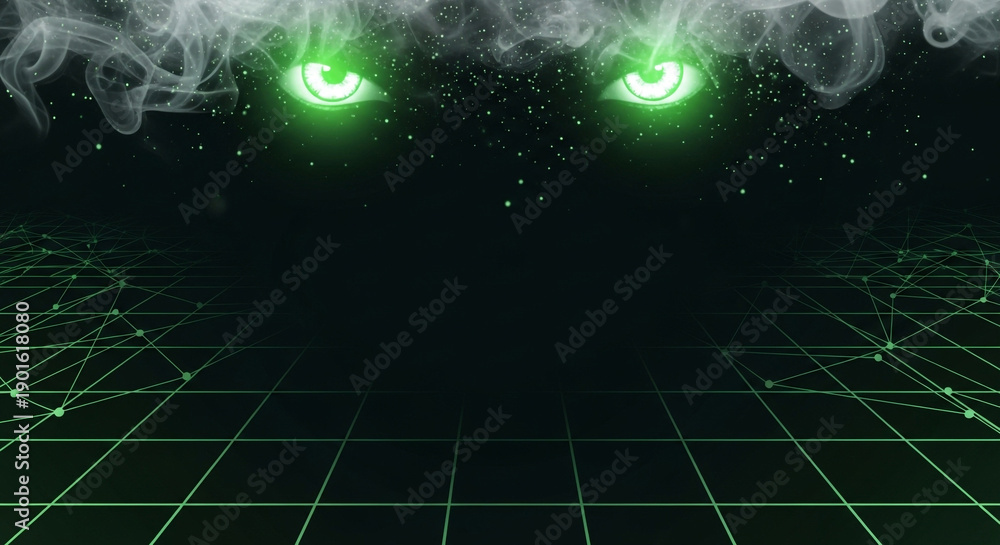 Fototapeta premium Pair of glowing neon eyes in purple and green colors on dark background