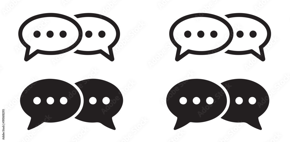 Fototapeta premium Pair of black chat bubble speech icons showing overlapping conversation symbols