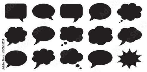 Diverse solid black speech bubble collection for digital communication and graphic designers