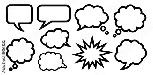 Comic style outline speech bubbles and thought clouds for expressive dialogue and narratives
