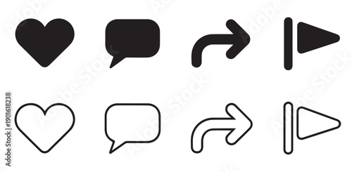 Social media icon set, heart like, message, share and play button, flat design