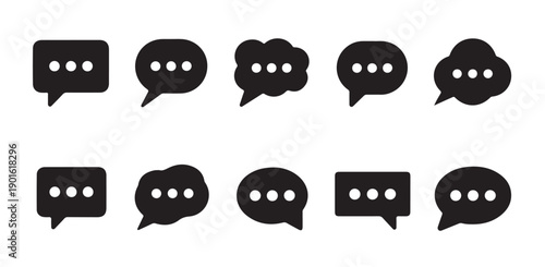 Ten black speech bubble icons with three dots symbolizing dialogue and chat