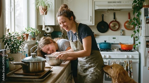 Happy mother and daughter baking in kitchen with golden retriever