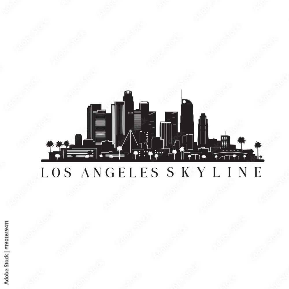 Obraz premium Los Angeles Skyline Silhouette Vector, LA Cityscape with Palm Trees Isolated on White Background