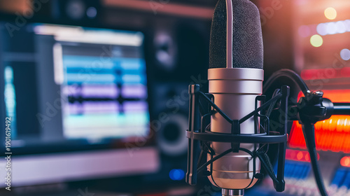 Professional Condenser Microphone in a Modern Recording Studio with Audio Software Interface. Media production concept for podcasting, voiceover services, radio broadcasting, or music recording.