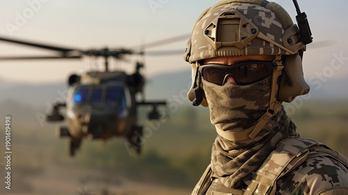 Military Special Forces Operator in Tactical Gear with Combat Helicopter. Defense and security concept for modern warfare, tactical training, peacekeeping missions, and private military 