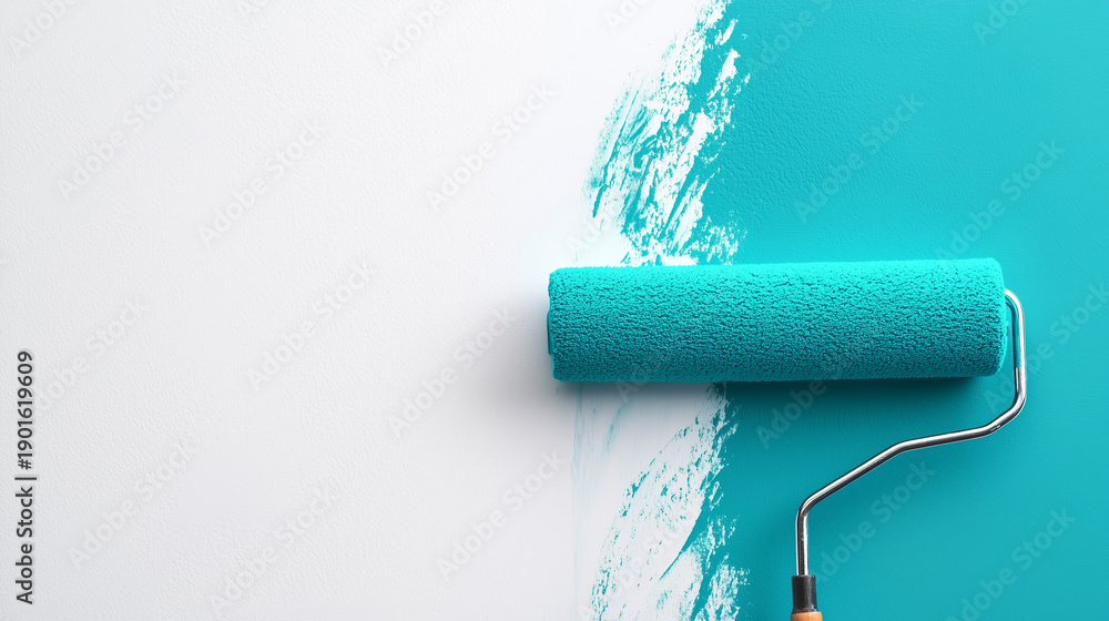 Obraz premium a Paint Roller Applying Vibrant Turquoise Color to a White Textured Wall. Home renovation and creative DIY concept for interior design blogs, home improvement stores, or repair services.