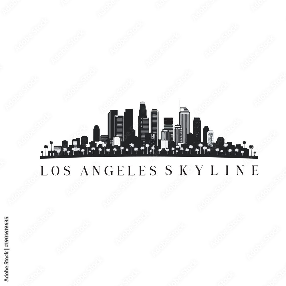 Fototapeta premium Los Angeles Skyline Silhouette Vector, LA Cityscape with Palm Trees Isolated on White Background
