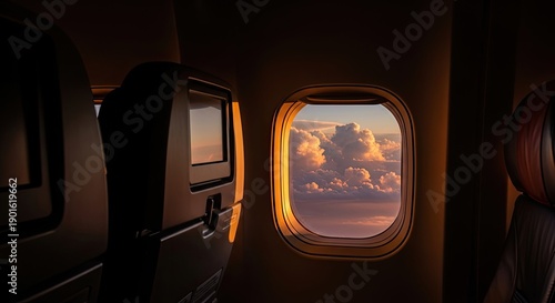 Interior airplane view of window with sunset clouds and seats