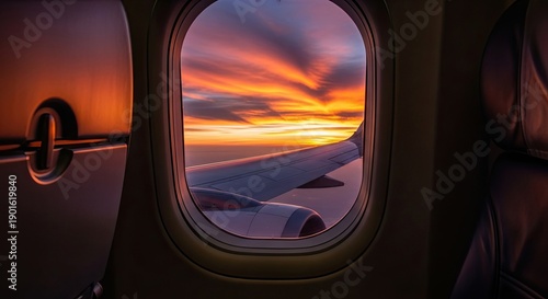 Airplane window view of vibrant sunset over clouds with wing