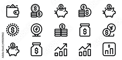 Finance line icon set featuring money saving piggy bank wallet and business growth diagram