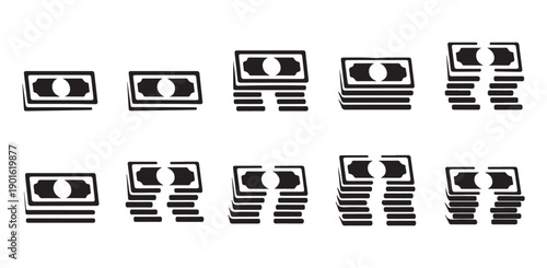 Currency banknote stacks silhouette set illustrating money accumulation and financial assets