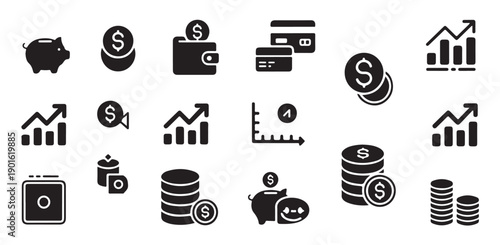 Finance and money icon set. piggy bank, credit card, coin, wallet and more