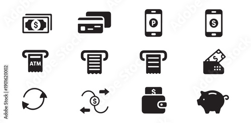 Money, credit card, smartphone, ATM receipt, and piggy bank icons set