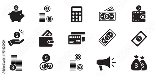 Piggy bank with coin, stacks of coins, calculator, cash, and wallet icons set