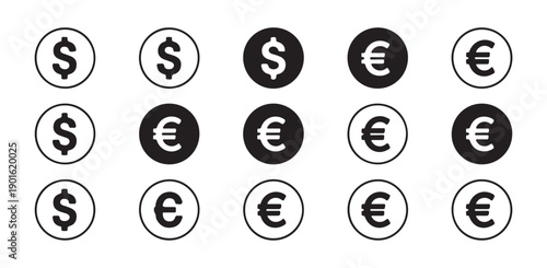 Set of currency symbols including dollar and euro signs in circle icons for finance design