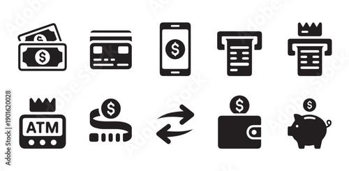 Money transaction icons: wallet, credit card, smartphone, ATM, piggy bank