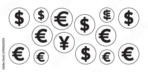 Floating currency coins with dollar euro yen and pound symbols scattered on white backdrop