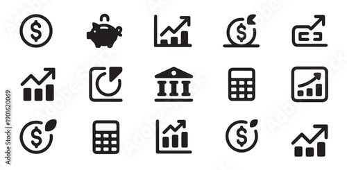 Finance and money icon set. currency, money savings, piggy bank, credit card, calculator, coins