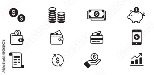 Finance and money icon set. currency, money savings, piggy bank, credit card, calculator, coins