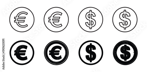 Money currency signs icon set. dollar and euro currency symbols, black outline and solid fill versions