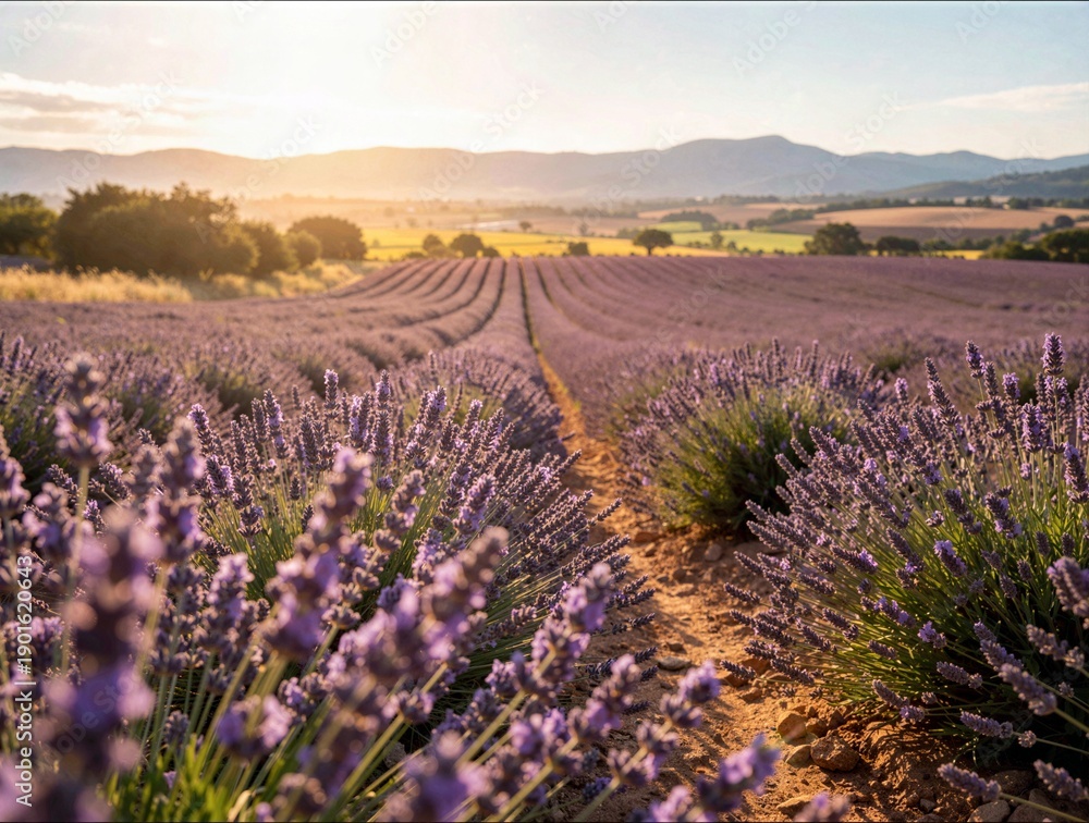 Obraz premium Wide rows of purple lavender flowers bloom in a vast field during sunset with distant mountains and a warm golden glow.