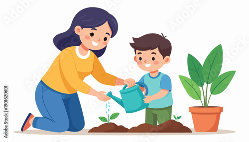 Smiling mother and child bonding over gardening, jointly watering small plants, illustrating family activity, nature education, and the joy of growing together