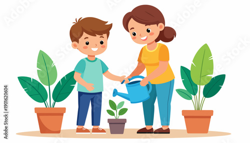 A mother and son happily watering plants together in a garden, symbolizing growth and nurturing family bonds