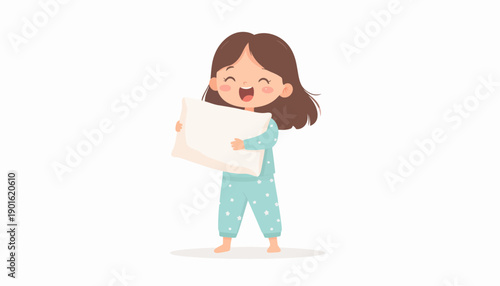 Cute cartoon girl in pajamas holding a pillow, happy and smiling, ready for bed or sleepover fun