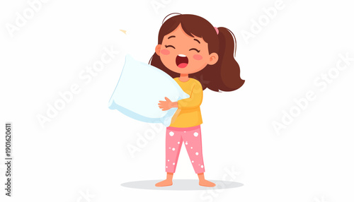 Joyful girl in pajamas happily holding a pillow, perfect for themes of sleep, comfort, and childhood fun