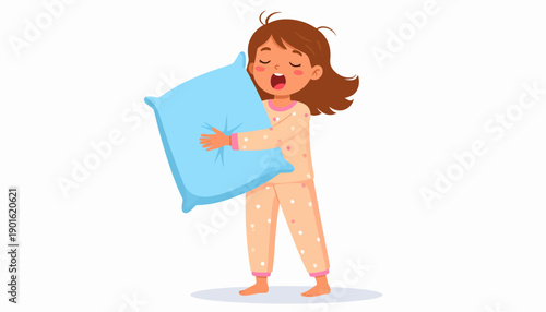 Cute girl in pajamas hugging a pillow, yawning with eyes closed, feeling sleepy and tired