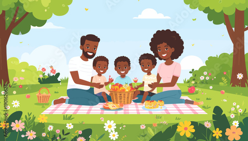 Joyful African American Family Enjoying a Sunny Outdoor Picnic Together in a Vibrant Green Park with Trees and Flowers Illustration